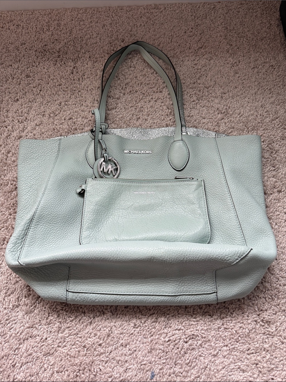 Michael Kors light blue and silver Pebbled Leather Reversible Tote with Wristlet